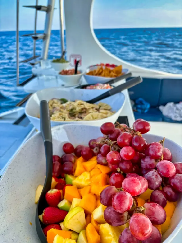 Bowls of fresh fruit, nachos and salad lined up along the boat's rail above the ocean.