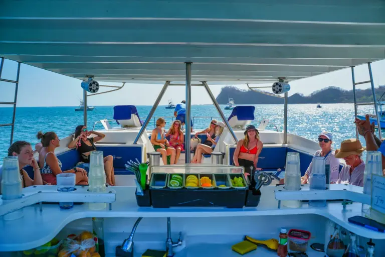 The catamaran's bar station sits ready while guests relax along the shaded deck off Nosara.
