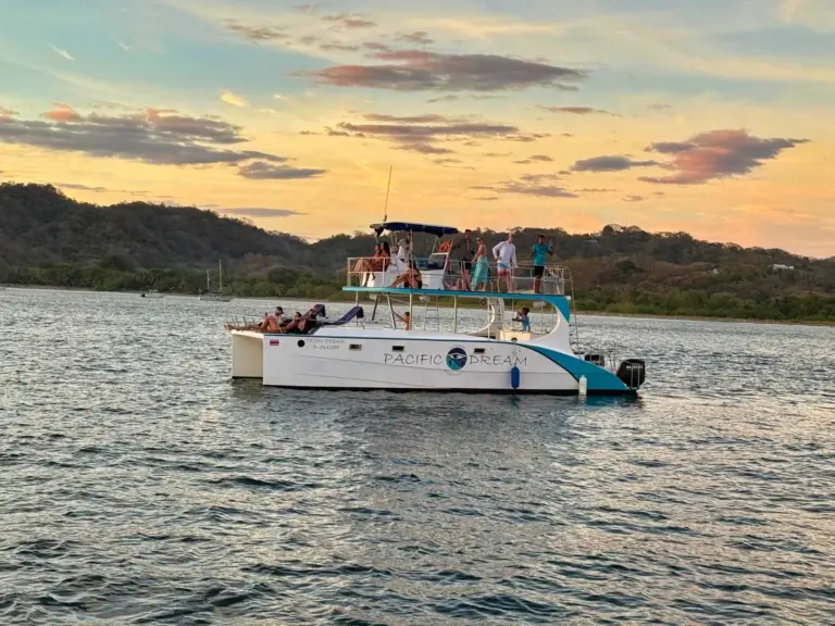The catamaran cruises along the coast with guests aboard as the sky turns gold at sunset.