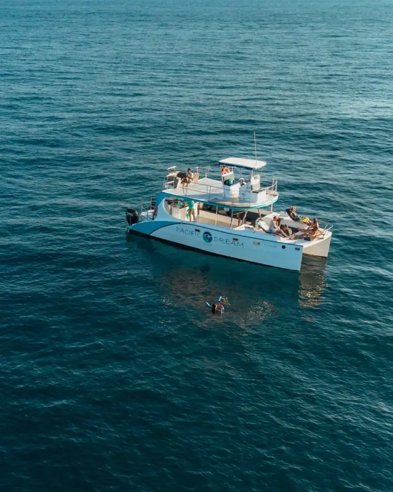 Drone view of the catamaran off the Guanacaste coast with guests on deck and a swimmer in the water.