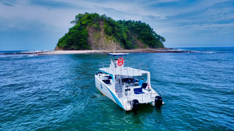 Aerial view of the catamaran anchored beside a green island off the Nosara coast.