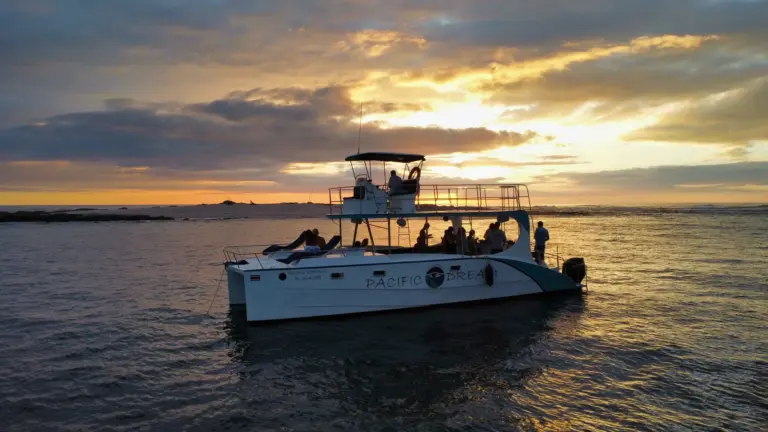 Guests line the catamaran's decks as golden light spreads across the water off Nosara.