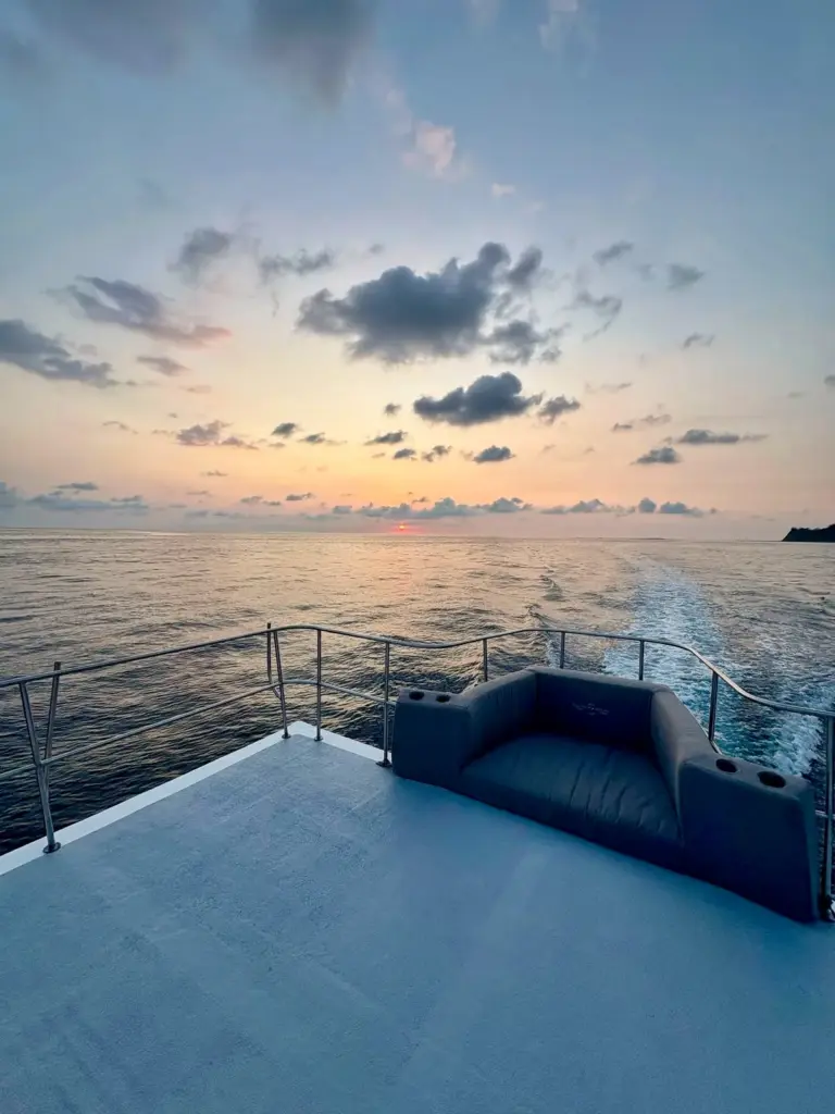 The boat's wake stretches back toward the coast under a soft dusk sky off Nosara.